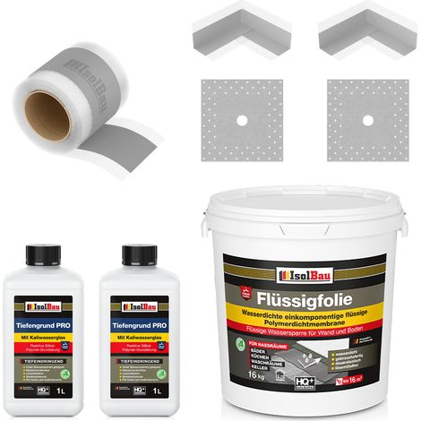 Dichtset 207G Flüssigfolie 16kg Tiefengrund PRO 2L 10m Klebeband 2 x Ecken 2 x Manschette (1/5)