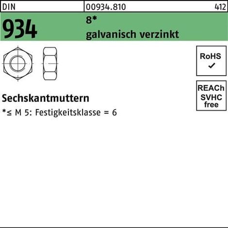 Sechskantmutter DIN 934 M3 8 galv.verz. 1000 Stück