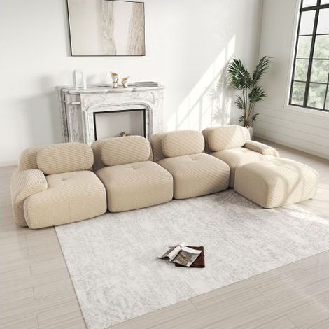 Canapé d'angle 388x178x75cm velours côtelé beige - Canapé Modulable - 4 places, mousse 32D haute densité, sans montage, antidérapant (1/5)