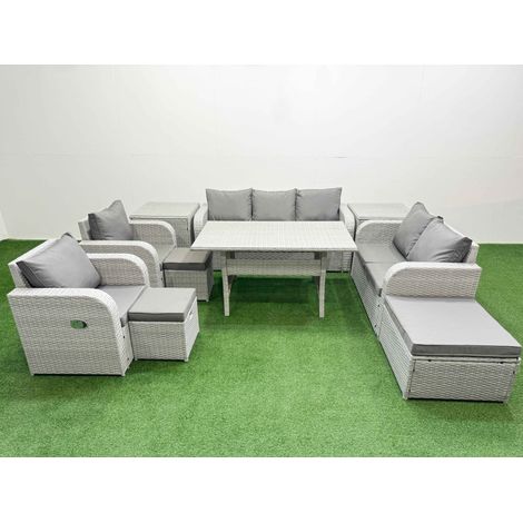 Fimous PE Rattan Garden Furniture Set Reclining Chair Sofa Double Love Seat 2 Seater Sofa Lounge Set Rectangular Dining Table 3 Stools 2 Side Table Light Grey (1/4)