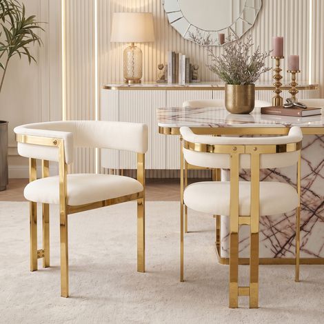 2 sedie da pranzo  in Chenille Beige/Oro, schienale semicircolare a C e design elegante,60x50x76cm (1/5)