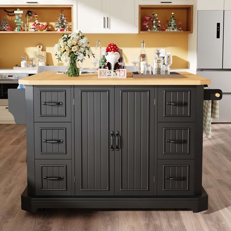 Îlot de cuisine mobile 120 cm avec roulettes, meuble rangement avec 2 portes et 6 tiroirs, desserte cuisine extensible avec plateau bois, noir blanc (1/5)