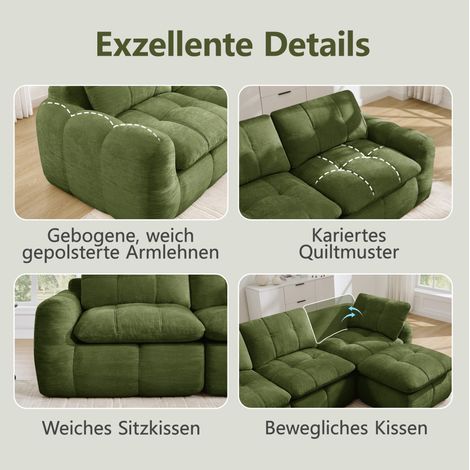 Canapé modulable 2 places sans cadre en chenille verte avec 2 ottomans, design carreaux, sans montage (1/5)