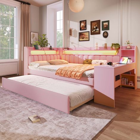 Lit banquette 140x200 cm avec lit gigogne 90x190, LED 7 couleurs, USB, bureau intégré, sommier à lattes, rose (1/5)