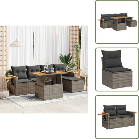 vidaXL Salon de jardin avec coussins 6 pcs gris résine tressée acacia (1/5)