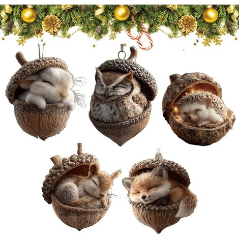 Glande De Noël - Décoration En Bois Naturel Avec Animaux De La Forêt - Lapin Chouette Écureuil - Pour Arbre De Noël Et Intérieur - Lot De 5 Pièces (1/5)