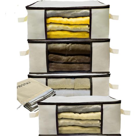 Lot de 4 boîtes de rangement, boîtes de déménagement, organisateurs d'armoires, sac de rangement pour vêtements, sacs en tissu, boîte de rangement avec poignées renforcées (1/5)
