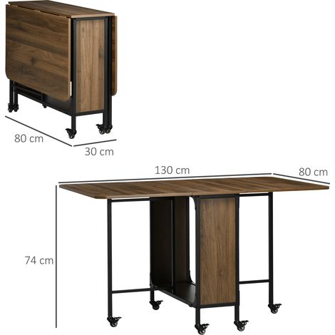 Mesa plegable móvil, 2 superficies plegables, 130 cm x 80 cm x 74 cm, marrón