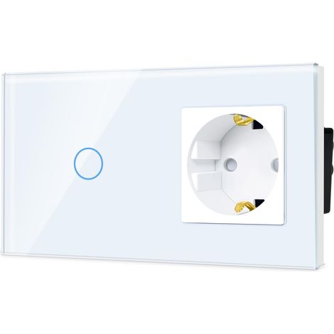 Interrupteur avec combinaison de prises, interrupteur tactile UE 1 compartiment 1 voie en verre cristal, prise de type F, prise 16 A, 157 x 86 mm, blanc (1/5)