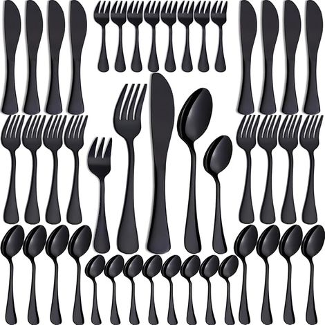 Set de Couverts Noir, Acier Inoxydable 8 Personnes - Inclut Couteaux, Fourchettes, Cuilleres, Cuilleres a Cafe, Fourchettes à dessert, Lavable Lave-Vaisselle (1/5)