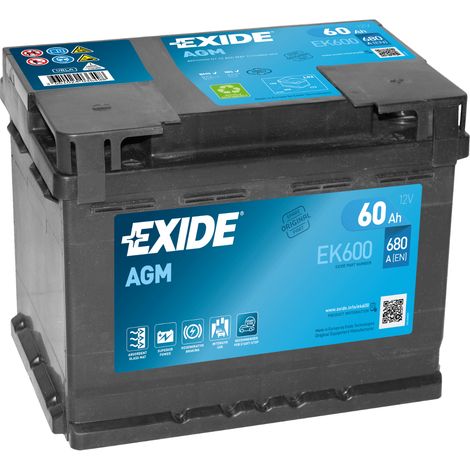 BATTERIE EXIDE AGM L2 12V 60AH 680A 242X175X190 +D EK600 (1/3)