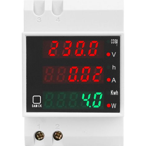Display digitale CA multifunzione su guida DIN con pinza amperometrica. Misura tensione, corrente, potenza, energia (kWh), tempo, cos φ. Ampio intervallo 80-300 V CA per pannello- (1/4)