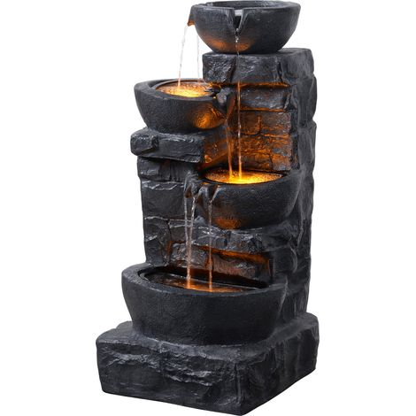 Teamson Home Garden Outdoor Water Feature 4 Tier Cascading Bowl Water Fountain With Warm LED Lights Dark Grey (1/5)