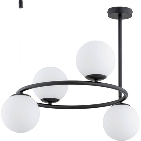 Alfa RINGO Modern Minimalist Black Metal Pendant Ceiling Light, 4x White Globe Shades, 4xE14 Sockets Max 10W, Dimmable, 54cm for Dining Room, 4-Light Fixture for Living Room