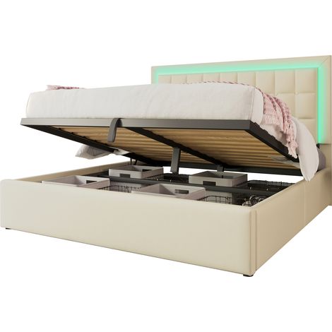 Lit capitonné avec sommier et rangement double 160x200, bandeau LED inclus, cadre coffre fonctionnel simili cuir blanc, sans matelas (1/5)