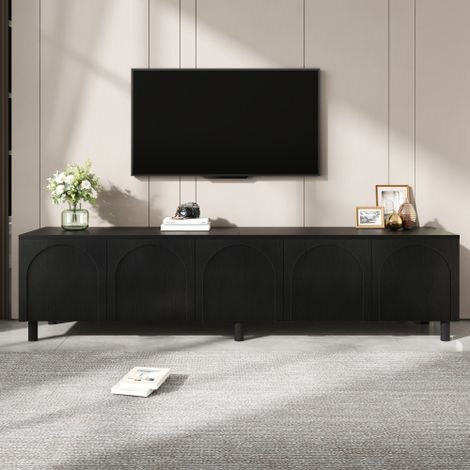Modernluxe - Meuble TV moderne 180 x 38 x 45 cm - 5 portes - Pieds en métal - MDF + Panneaux de particules - Noir (1/5)