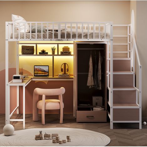 lit adulte mezzanine rangement 140x200 métal blanc OKMYHOME (1/4)