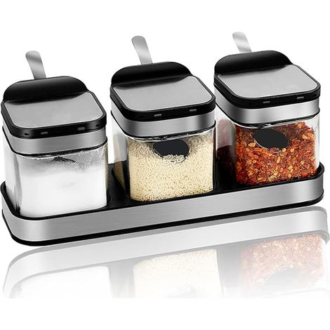Pot à condiments avec couvercles et cuillères en acier inoxydable 304, bocaux en verre pour condiments, boîte à épices, récipient à sel, sucrier