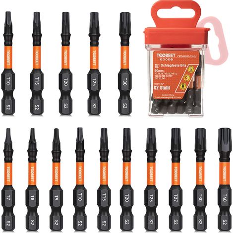 Jeu de 15 Embouts de Vissage Torx 50 mm T7-T40, Acier S2 Magnétique, Embouts pour Visseuse à Choc, Tige Hexagonale 1/4" avec Boîte de Rangement (1/5)