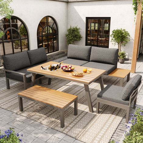 Salon de jardin pour 6 à 7 personnes, adapté au jardin, au balcon et à la terrasse, ensemble de sièges et de repas résistant aux intempéries, mobilier de jardin moderne, structure en fer galvanisé, pl (1/5)