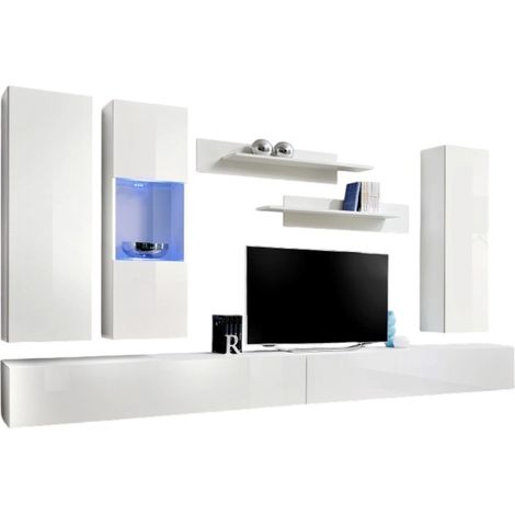 Mobile TV FLY E5 design, colore bianco lucido. Mobile sospeso moderno e alla moda per il tuo soggiorno.