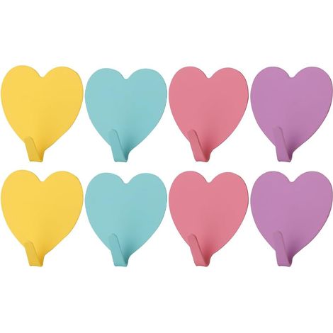 Lntyq Handtuchhaken, Set mit 8 herzförmigen, selbstklebenden Edelstahlhaken für Kleiderbügel, geeignet für Zuhause, Badezimmer und Küche (gelb, lila, rot, grün)