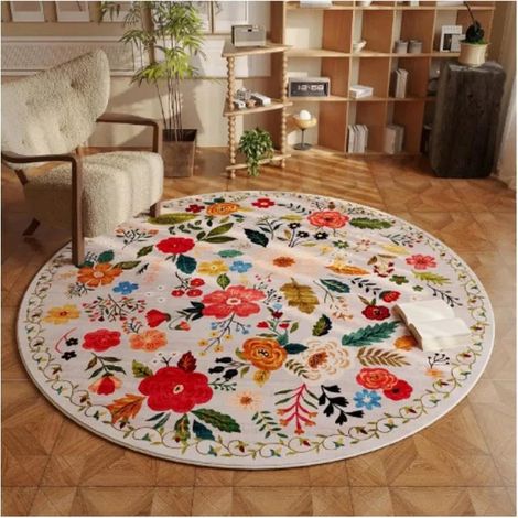 Tapis Rond Rétro 120cm de Salon Classic Shaggy Chambre Motif Floral Poils Ras Antidérapant (120cm, Blanc) (1/5)