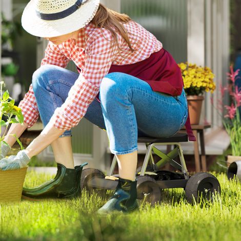 Siège de jardin 130 kg 50x49x32 cm Noir avec roues Tabouret de jardinage avec plateau à outils Charge (1/4)