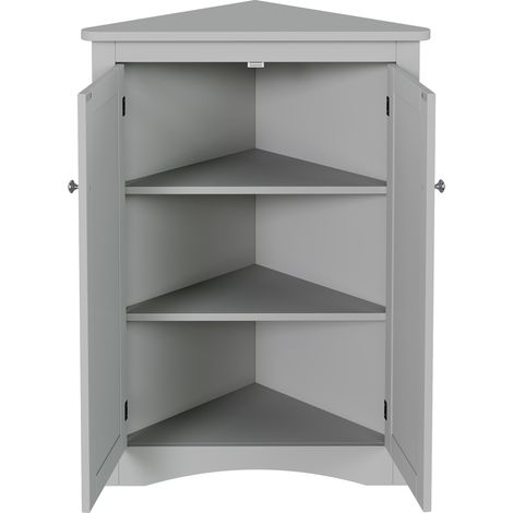 Armoire d'angle grise pour salle de bain, meuble de rangement triangulaire sur pieds avec 2 portes et 3 niveaux, MDF laqué 61,5 x 80 cm (1/5)