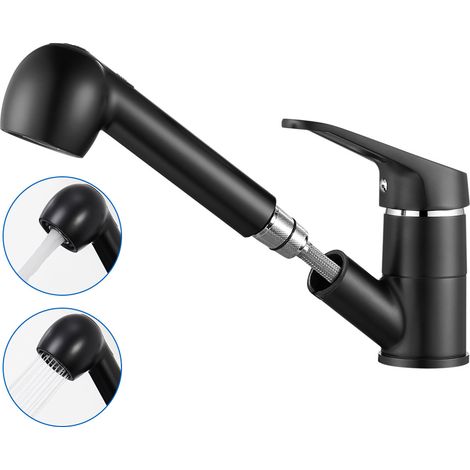 Auralum Robinet de Cuisine Noir avec Douchette Extractible 2 Jets Mitigeur Évier à 360° en Laiton Robinetterie avec Monotrou L'eau Froide et Chaude pour Évier Cuisine ou Lavabo (1/5)