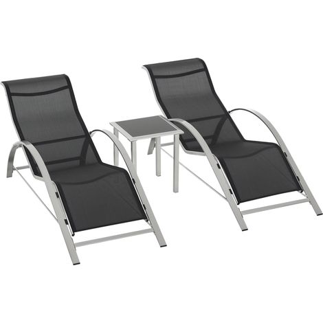 Gartenliege Set Metall Mesh 3-TLG. Sonnenliege mit Teetisch Gartengarnitur mit 2 Sonnenliegen, 1 Beistelltisch Gartensitzgruppe für Garten, Balkon 59B x 169T x 66H cm Schwarz+Silber