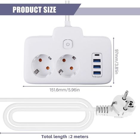 2-fach Steckdosenleiste mit 2 m Verlängerungskabel, 3 USB-Anschlüssen und 1 Typ-C-Anschluss, ideal für Büro, Zuhause und Reisen – praktisches Verlängerungskabel mit Steckdosenleiste (1/5)
