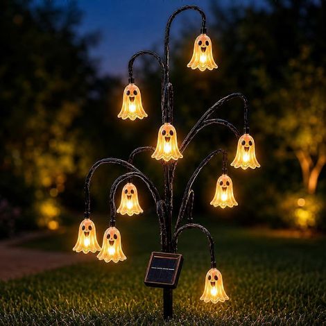 Lampe solaire Halloween souche d'arbre fantôme lumineuse, guirlande scintillante lanterne vintage décoration automne rustique porche extérieur (1/5)