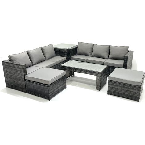 Fimous Garden Outdoor Rattan Furniture Set with Sofa Coffee table 2 Bigl Footstools Side Table Dark Grey Mixed (1/4)