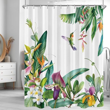 Rideau de douche 240 x 200 cm, motif feuilles vertes, oiseau, ourlet lesté, anti-moisissure, imperméable, lavable, en polyester, avec 16 œillets et anneaux de rideau de douche pour salle de (1/5)
