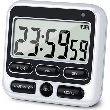Digital kitchen timer with on/off switch, 24-hour clock and alarm, countdown and count-up functions for cooking instructors, large LCD screen, magnetic closure