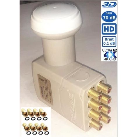 LNB OCTO MX-8100 , 0.1dB ,High Gain 60DB Tête Parabole 8 sorties , Compatible Full HD 4K TNTSATCanal+ Astra et FRANSAT+8fiches F