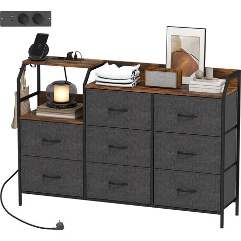 Commode, meuble de rangement avec station de recharge, 8 tiroirs en tissu, étagère ouverte, 130,5x30x88cm, marron