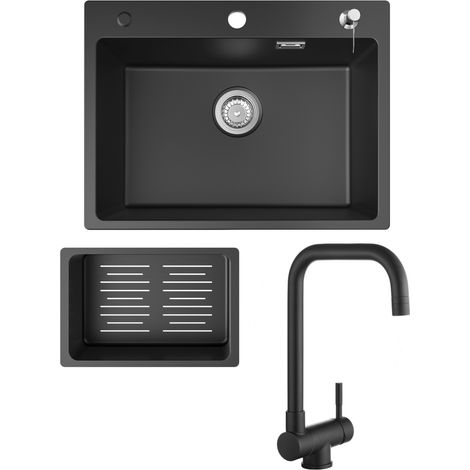 Fregadero de cocina 60x45cm fregadero de granito negro antracita con dosificador de jabón + grifo de cocina con ventana negro alto 355MM (1/5)