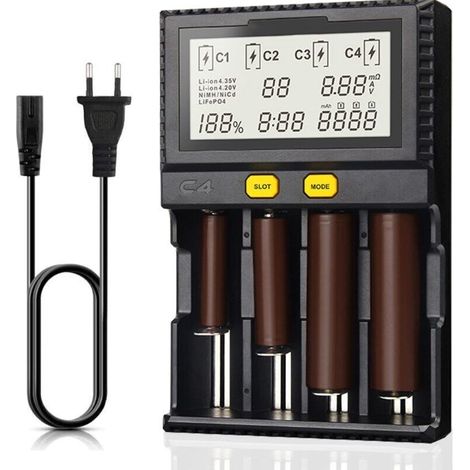 Universelles intelligentes Ladegerät 18650 mit LCD-Bildschirm für NI-MH-, NI-CD-, AA-, AAA-, 14500-, 18350-, 21700-, 26650-, Li-ION-, LiFePO4- und RCR123A-Akkus (4 Steckplätze)