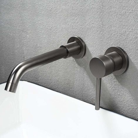 Wandwaschbeckenarmatur, Hochwertige Messing-Wandmischbatterie, Eingebaute Badezimmerarmatur, Kalt- und Warmwasserhahn mit 360°-Drehung, Dunkelgrau (1/4)