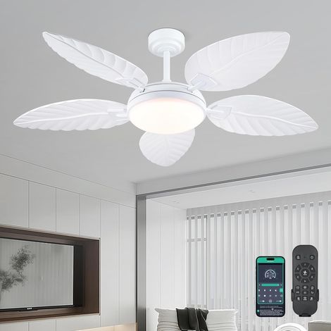 Ventilateur de Plafond de Palmier de 132 cm avec éclairage, Ventilateur d'Intérieur Tropical Blanc Télécommande/Application, Chambres et Terrasses, Silencieux et avec Minuterie, 3 Couleurs, 6 Vitesses (1/5)