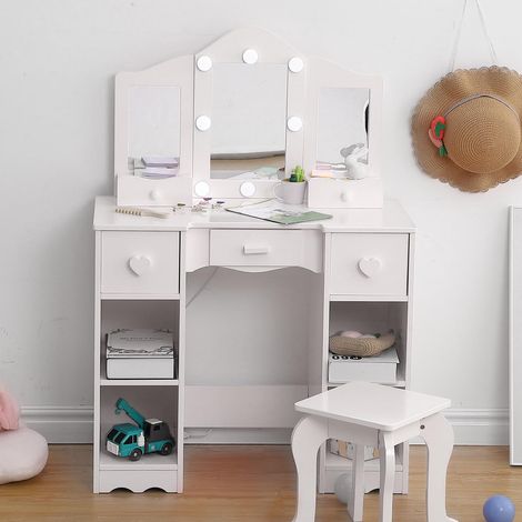 Coiffeuse enfant avec miroir amovible et tabouret – Table de maquillage en bois MDF avec espace de rangement, style princesse pour fille – Idéale chambre d’enfant – Couleur : blanc (1/5)