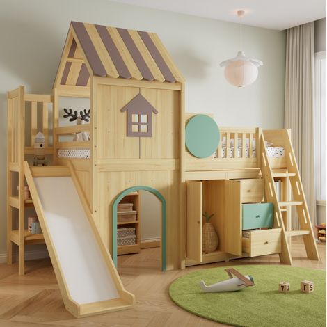 Lit enfant 90x200cm en forme de maison avec toboggan, escalier 3 marches, rangements, bois naturel et vert (1/5)