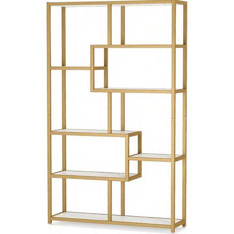 Offenes Bücherregal aus goldfarbenem Metall und weißen Marmoroptikplatten, 8 Ebenen (1/5)