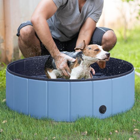 PawHut Hundebadewanne faltbar Badewanne Hundepool Plantschbecken Swimmingpool Wasserbecken für Hunde und Katzen Schwimmbecken Kunststoff+Holz Blau Ø100 x H30 cm