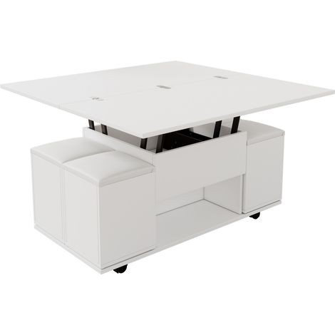 Table basse multifonction réglable en hauteur avec rangements, 4 tabourets, plateau pliant 100x50 cm blanc (1/5)