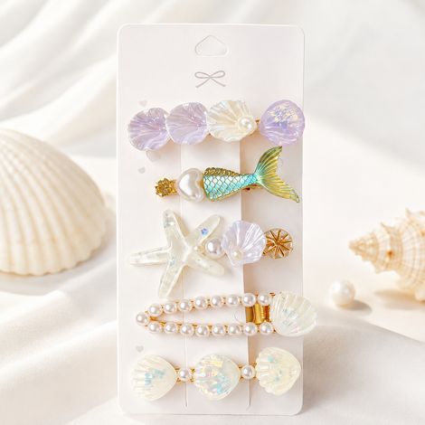 Set mit 5 Haarspangen im Ozean-Design: Haarspangen mit Meerjungfrauen-, Seestern- und Muschelmotiven, lila Haaraccessoires im Strand-Stil für Frauen und Mädchen (1/5)