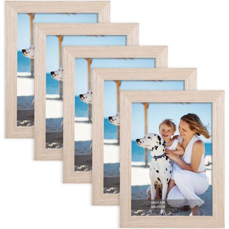 Cadre photo 10x15 cm Chêne, cadre en bois MDF, lot de 5 pièces, verre acrylique haute transparence, cadre moderne interchangeable pour photos, tableaux et œuvres d'art (1/5)
