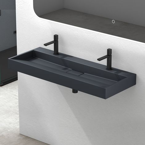 Mai & Mai Lavabo Salle de Bains Vasque à Poser Rectangulaire Lavabo Suspendu Gris Noir Mat 120x46x11cm Col19-1200